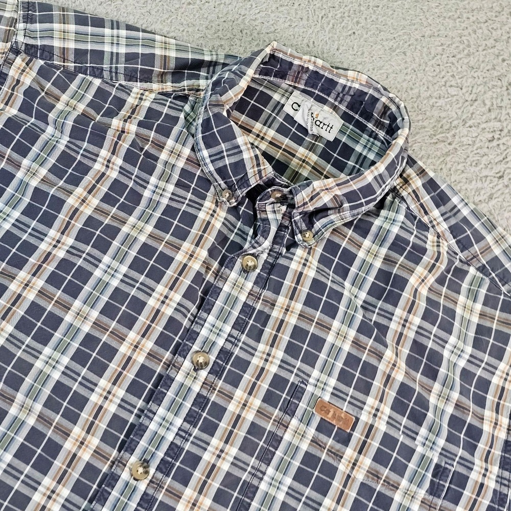 Carhartt Shirt Mens XL Blue Plaid 100% Cotton Short Sleeve Button-Up Workwear